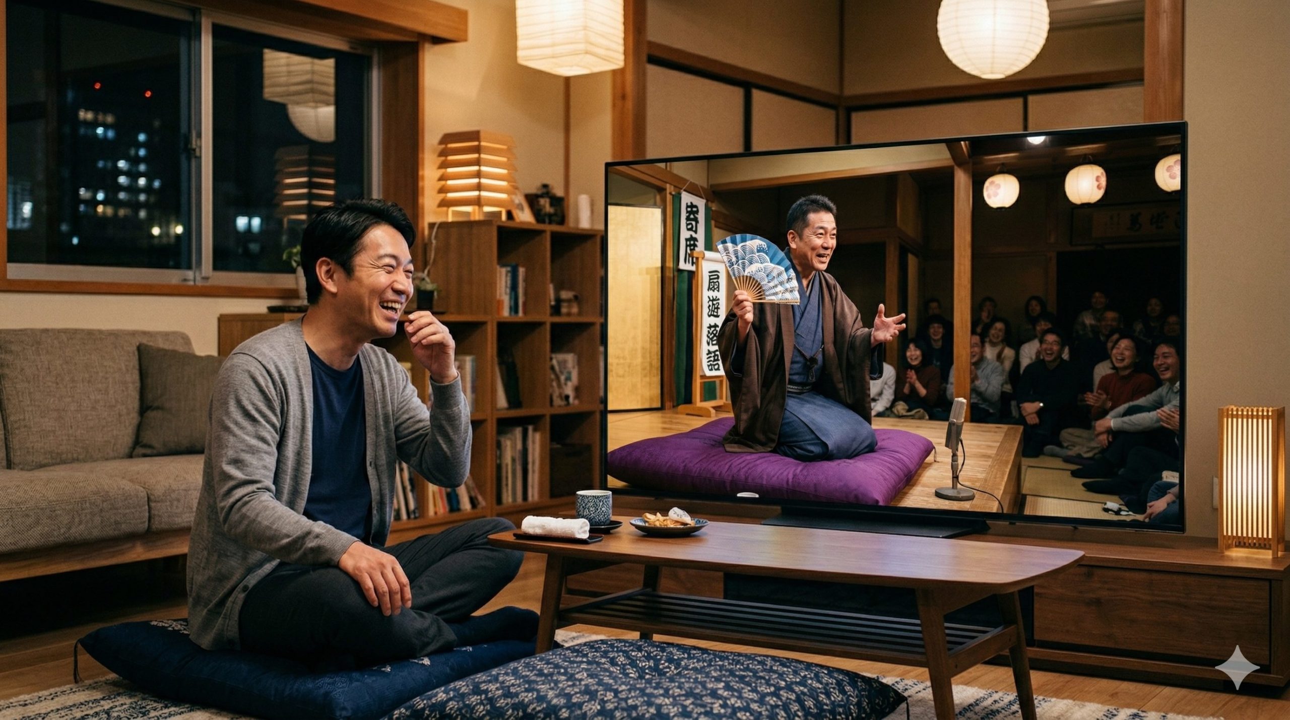 テレビ画面内で座布団に座りながら落語をみている40代男性
