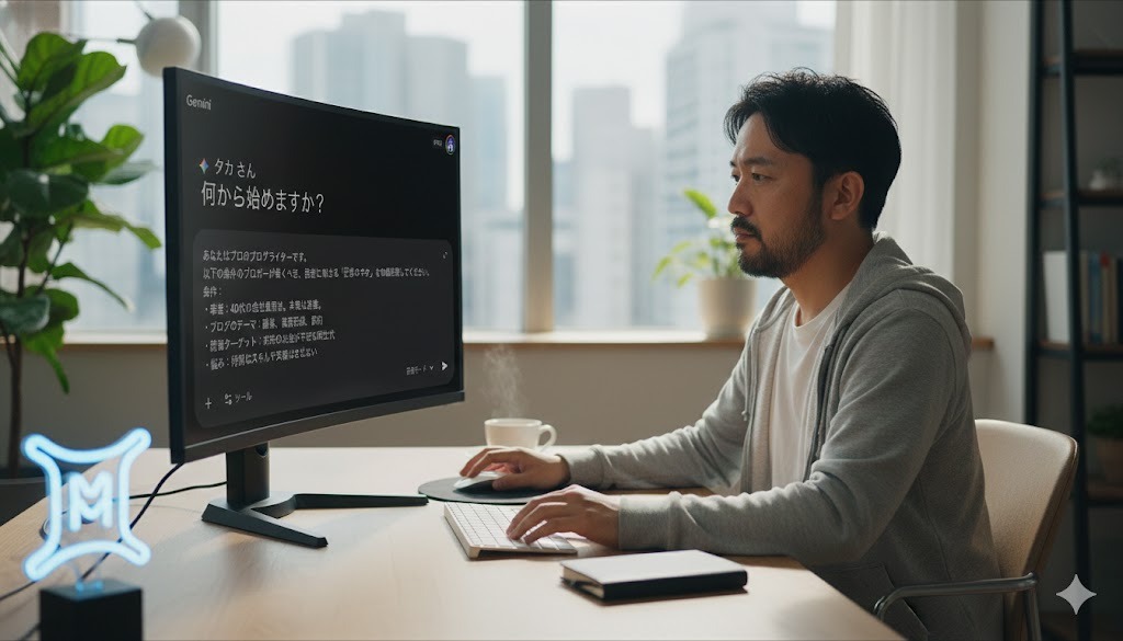 40代の男の人が机に座りパソコンの前でGeiminiを使っている様子。