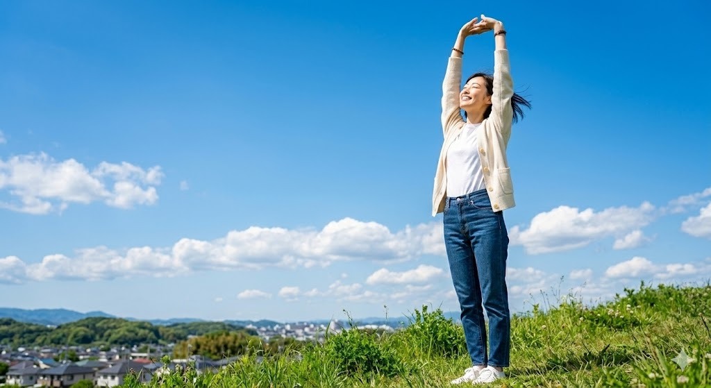 青空に向かって背伸びをしている、晴れやかな表情のAiriちゃん