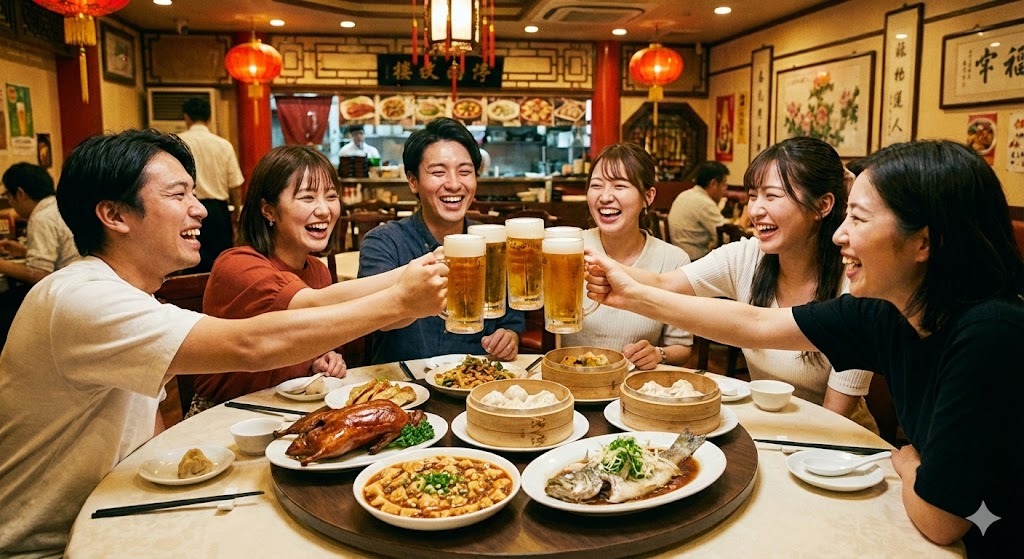 中華料理店でみんなでビールを飲んでいる写真
