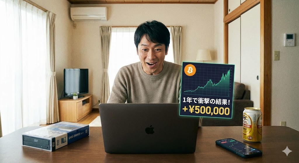 パソコンの前でビットコインのチャートが右肩上がりになっている画像