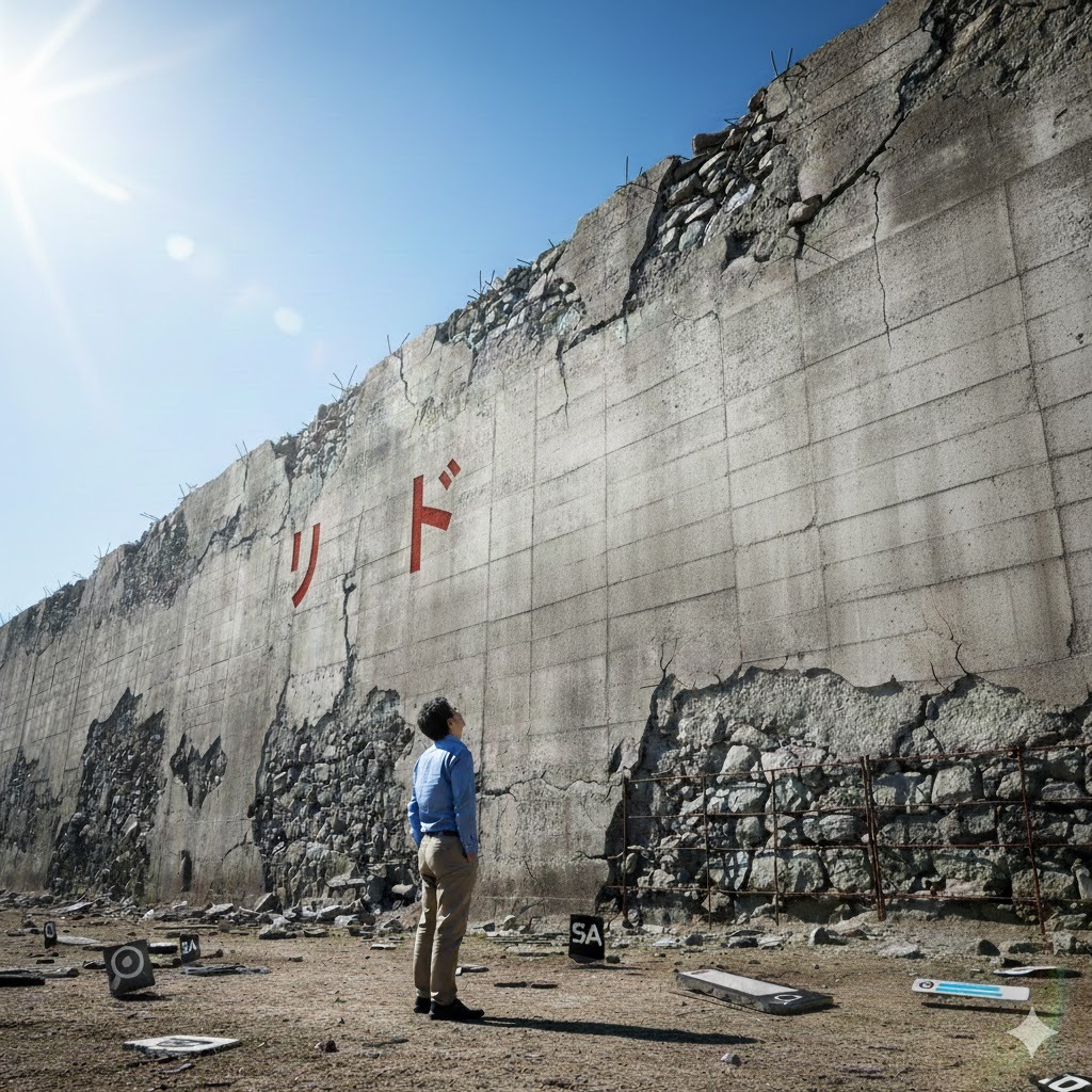 青空の下、巨大な壁を見上げている日本人男性。