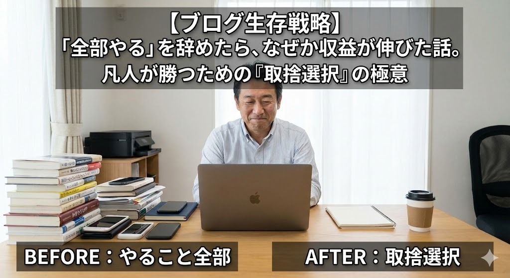 【ブログ生存戦略】「全部やる」を辞めたら、なぜか収益が伸びた話。凡人が勝つための『取捨選択』の極意のアイキャッチ画像