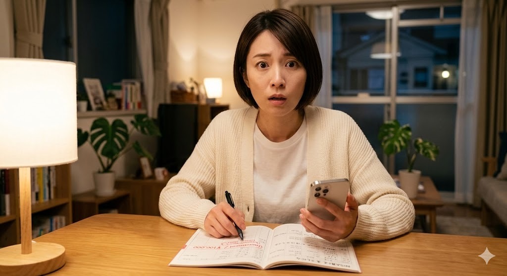 家計簿とスマホを見比べてハッとしている、少し焦った表情のAiriちゃん