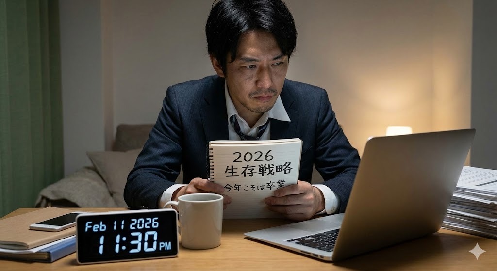 パソコンの前で今年の抱負を考えるおじさん